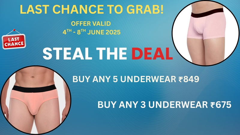 Grab 5 men’s underwear at ₹849 or 3 at ₹675 from Bruchi Club. Limited offer from 4-8 June 2025. Premium comfort, fast delivery, trusted Indian brand.