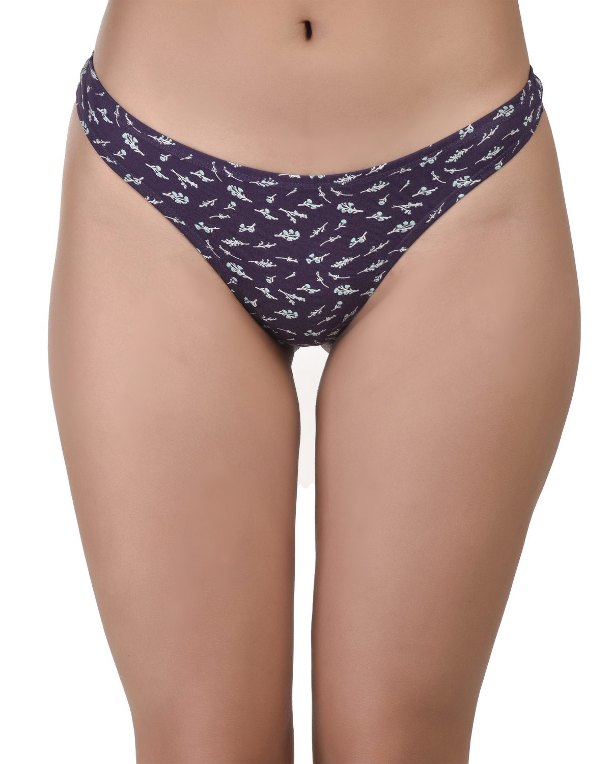 Navy blue patterned underwear worn by a model on a white background