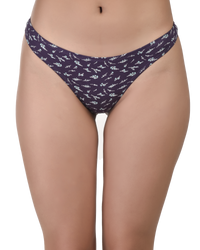 Navy blue patterned underwear worn by a model on a white background