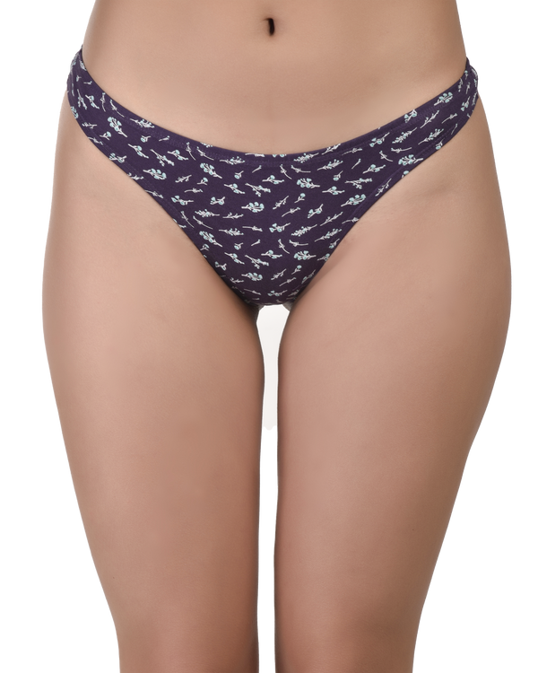 Navy blue patterned underwear worn by a model on a white background