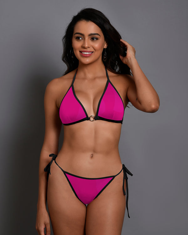 Pink nylon lycra bikini set for women with halter neck top and side-tie bottom by Bruchi Club
