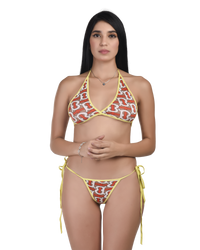 Woman wearing a patterned bikini set on a white background