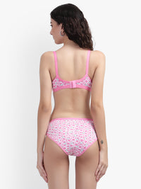Women's Pink Print Cross Front Cotton Minimizer Bra Panty Set