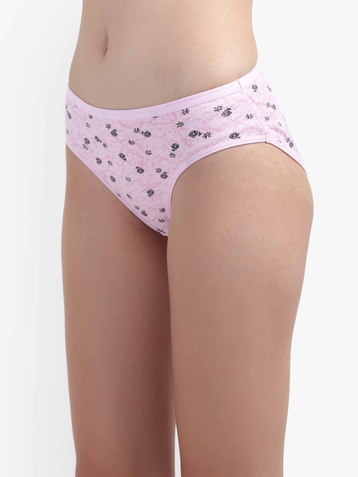 Pink patterned underwear worn by a person on a white background