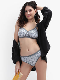 Women's Gray Print Cross Front Cotton Minimizer Bra Panty Set