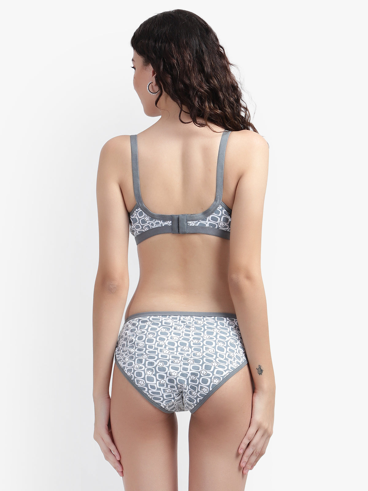 Women's Gray Print Cross Front Cotton Minimizer Bra Panty Set