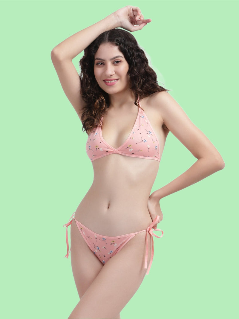 Women Pink Print Cotton Bikini Set