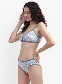 Women's Gray Print Cross Front Cotton Minimizer Bra Panty Set