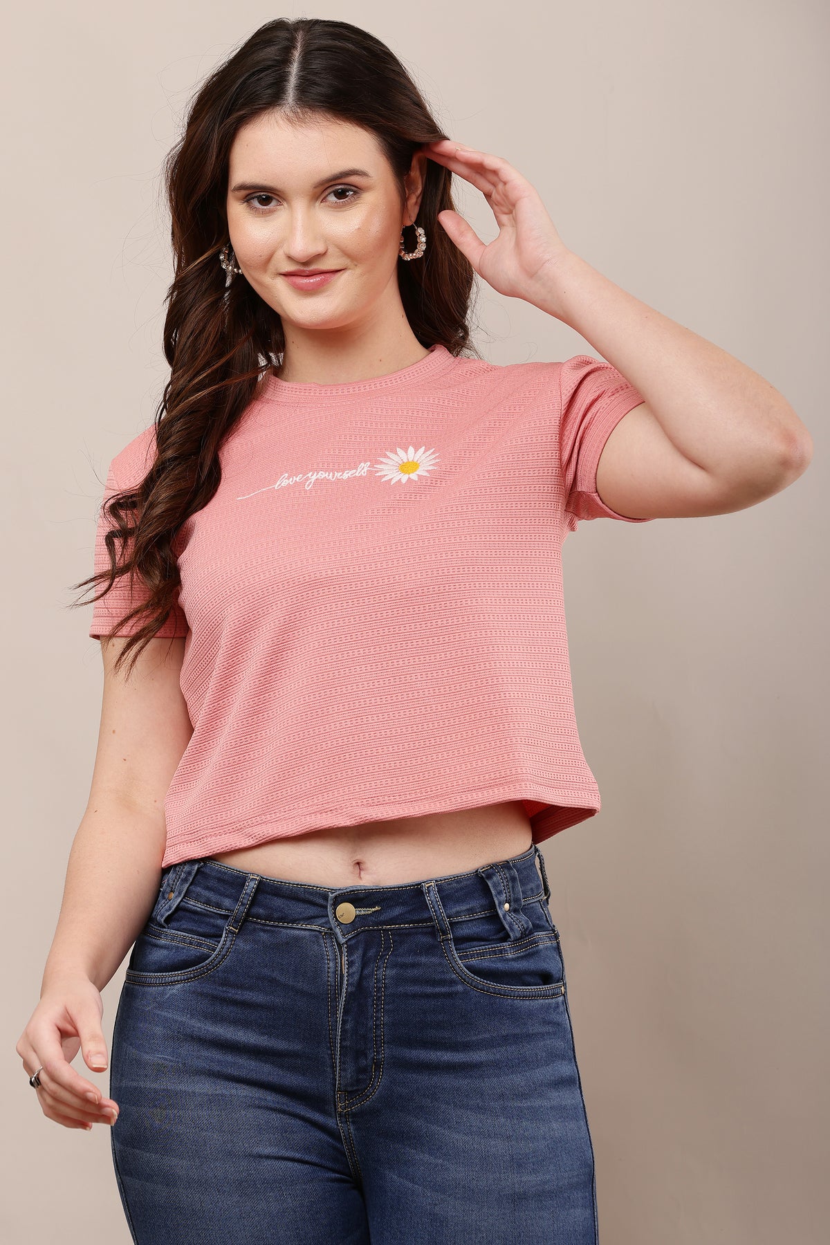 Being Deshi Women Lounge crop T-shirt Puce In Poly Jacquard – Skin-Friendly Relax Fit