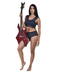 Woman holding a red electric guitar wearing a dark blue lace top and patterned underwear on a white background