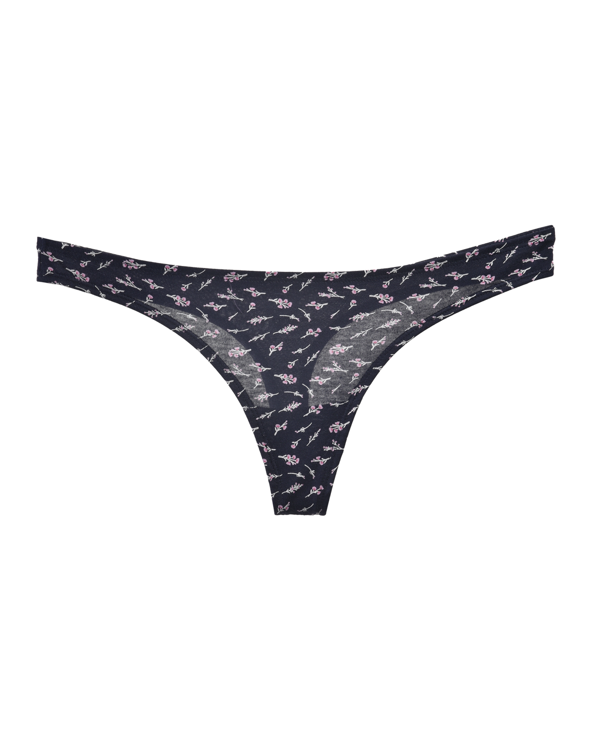 Navy blue thong with floral pattern on a white background