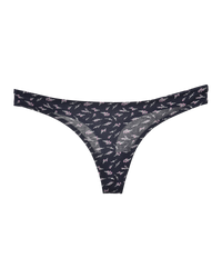 Navy blue thong with floral pattern on a white background