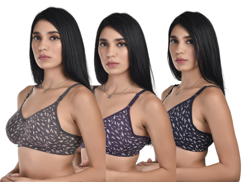 Three images of a woman wearing patterned bras on a white background