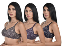 Three images of a woman wearing patterned bras on a white background