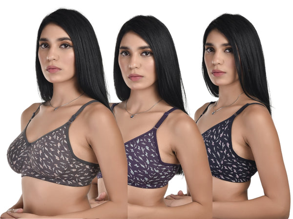 Three images of a woman wearing patterned bras on a white background