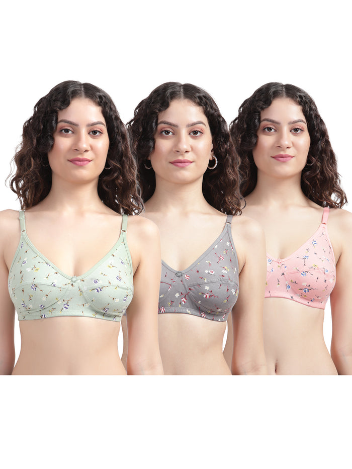 Bruchi Club Pack of 3 Everyday Non-Padded Printed Bras for women, 100% breathable cotton wire-free bras in multicolor prints, Indian fit sizes 30B to 40C.