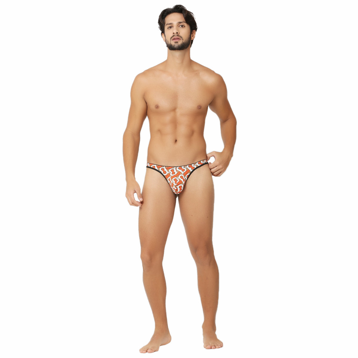 Men’s orange abstract print thong made from breathable micro modal fabric