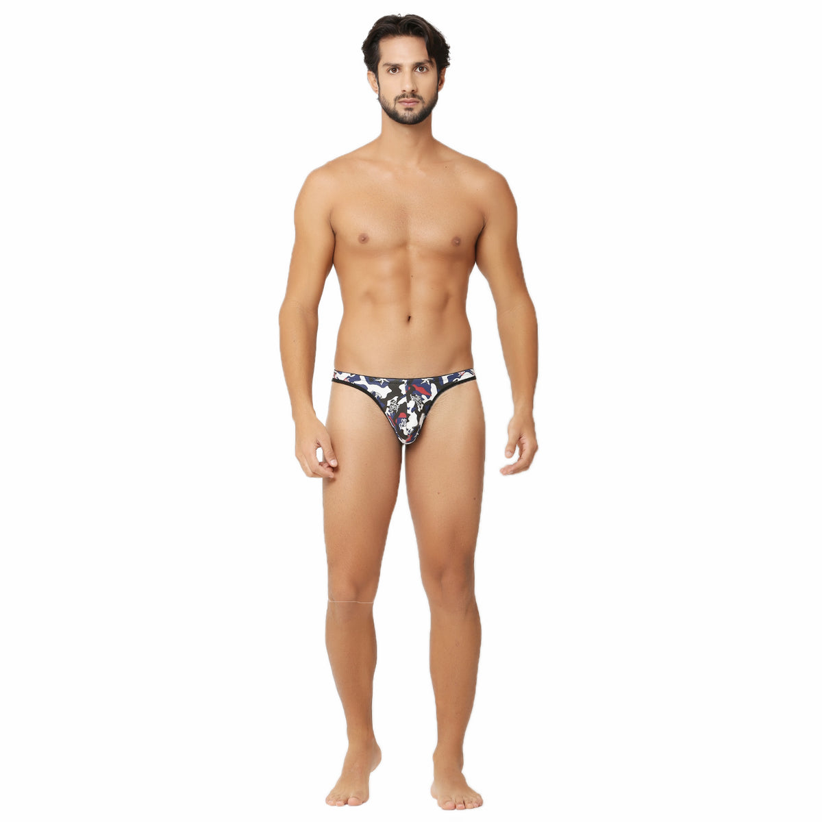 A printed men's thong with a multicolored design featuring animal patterns.