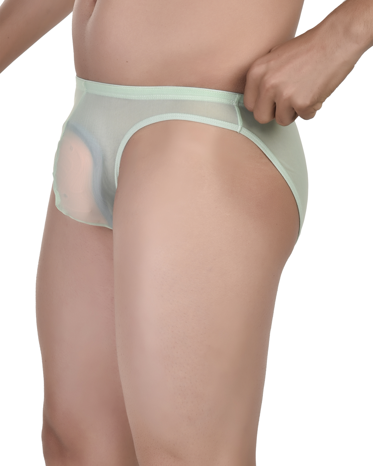 Light-colored underwear worn by a person on a white background
