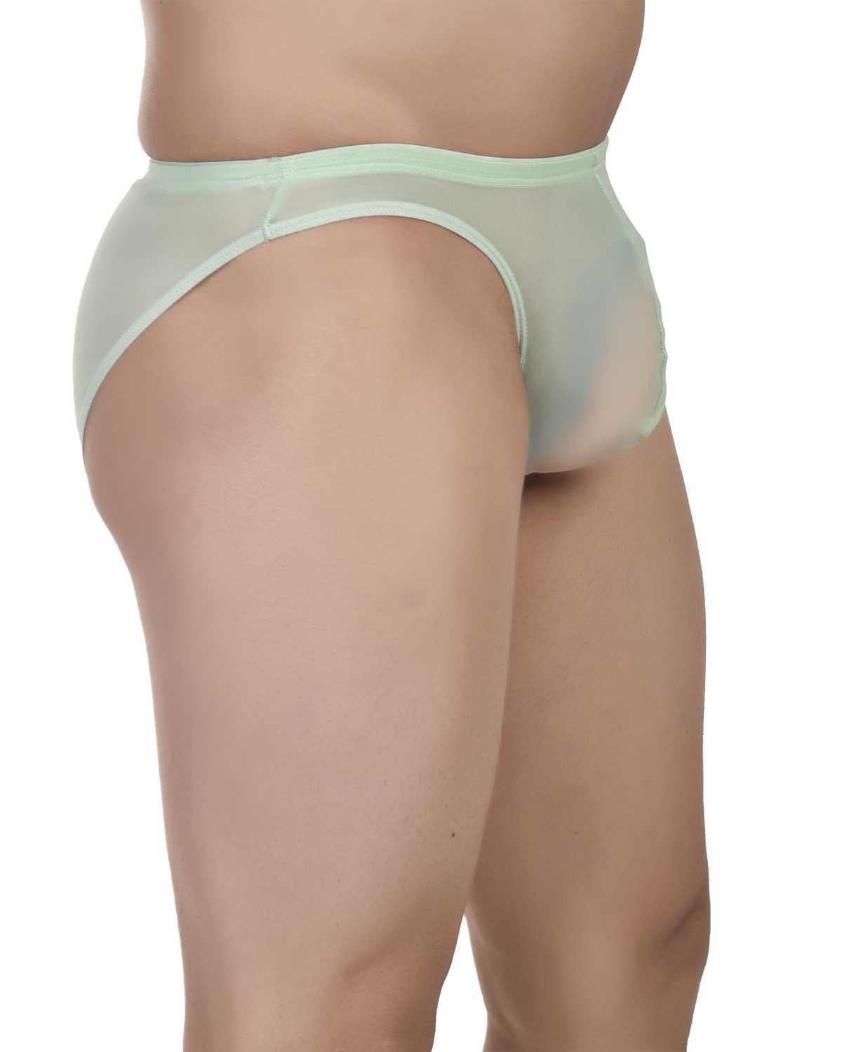 Light green underwear worn by a person on a white background