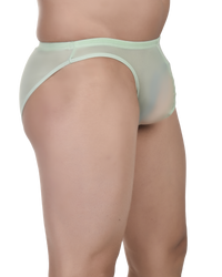 Light green underwear worn by a person on a white background