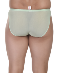 Light green underwear worn by a person on a white background