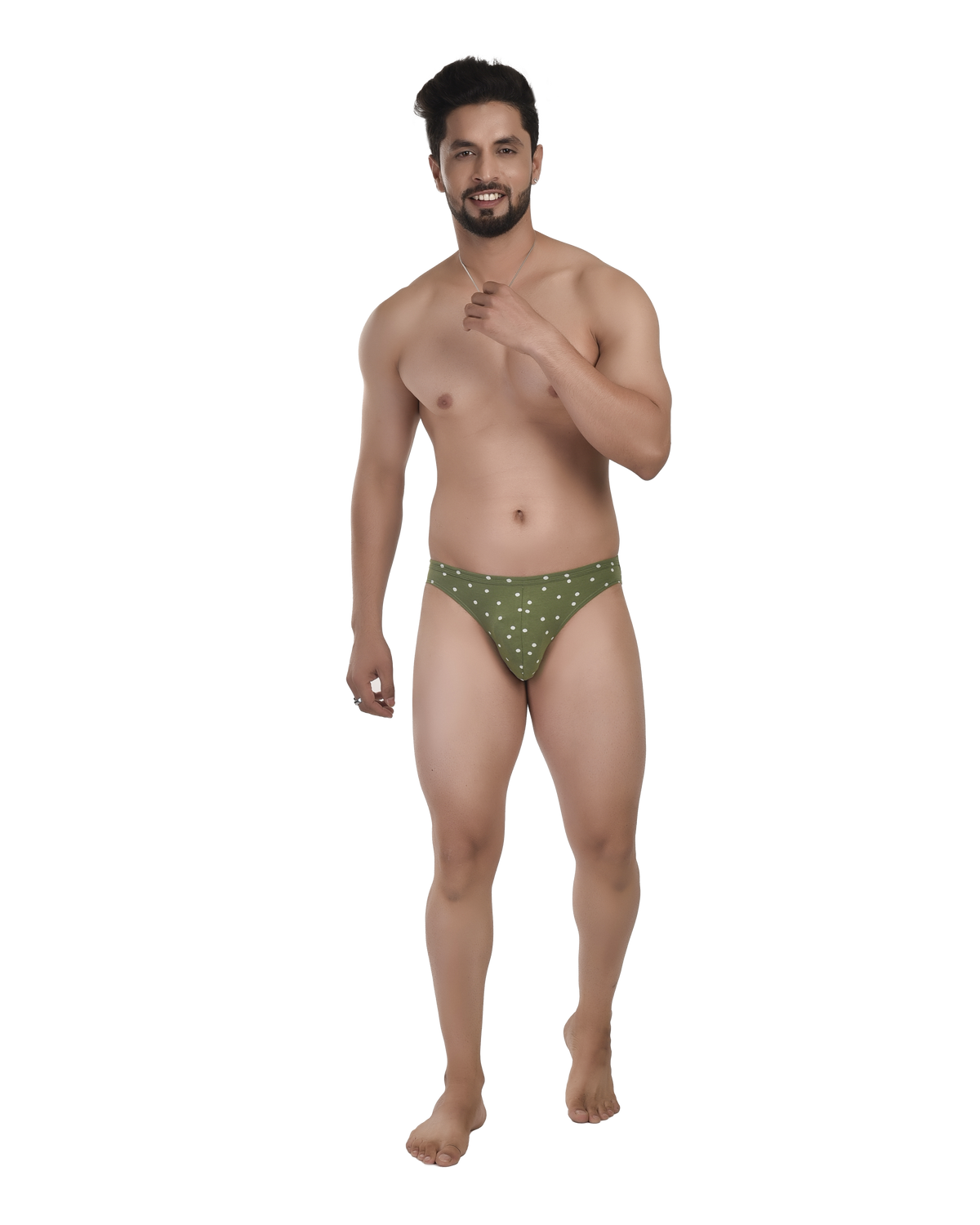Man wearing a green patterned underwear on a white background