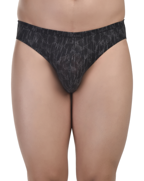 Black patterned underwear worn by a person on a white background