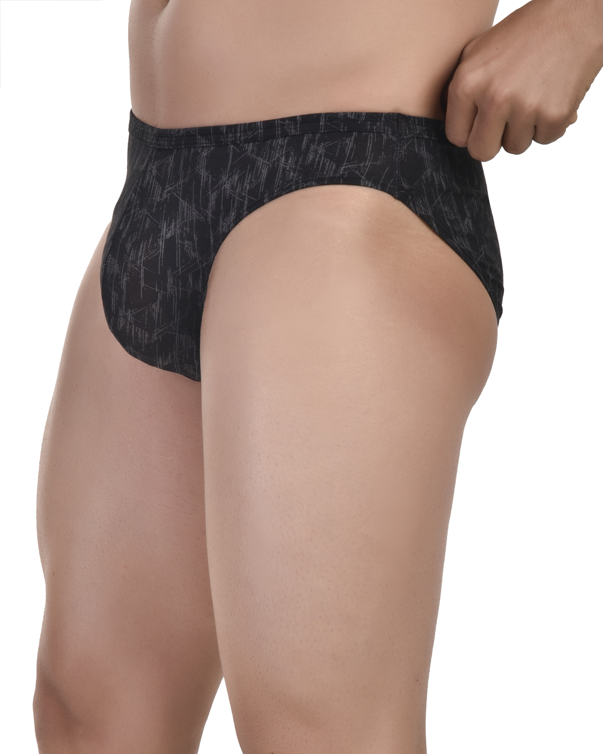 Man wearing Bruchi Club printed bikini brief in soft cotton lycra