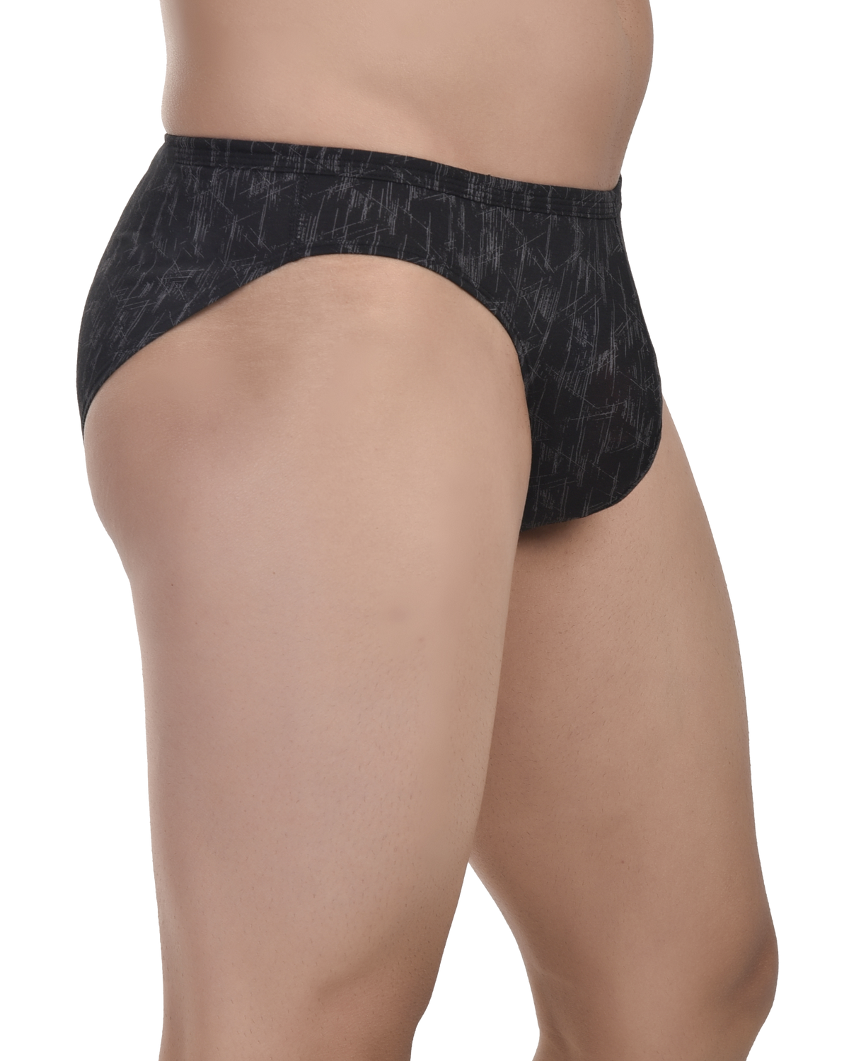 Black patterned underwear worn by a person on a white background