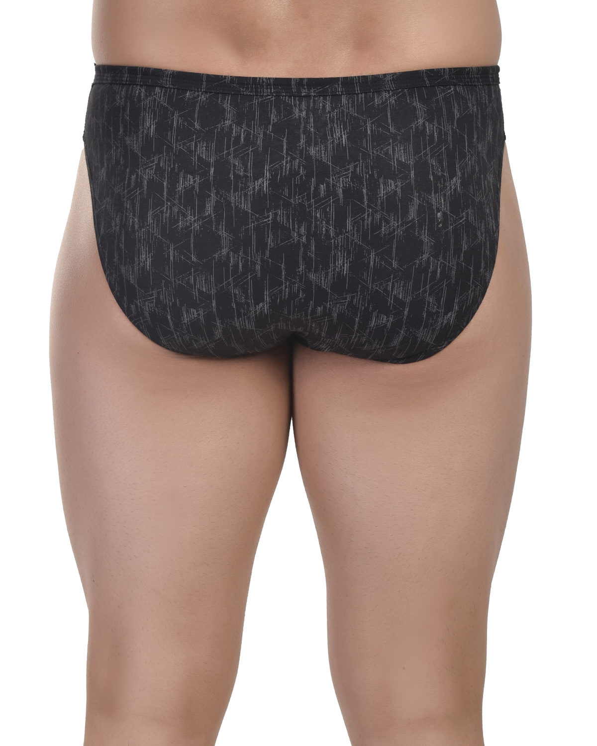 Black patterned underwear worn by a person on a white background