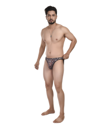 Man wearing a patterned men's underwear on a white background