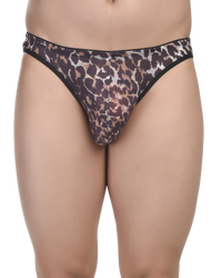 Confident man in Bruchi Club tiger print bikini brief, showcasing low-rise fit and masculine design.