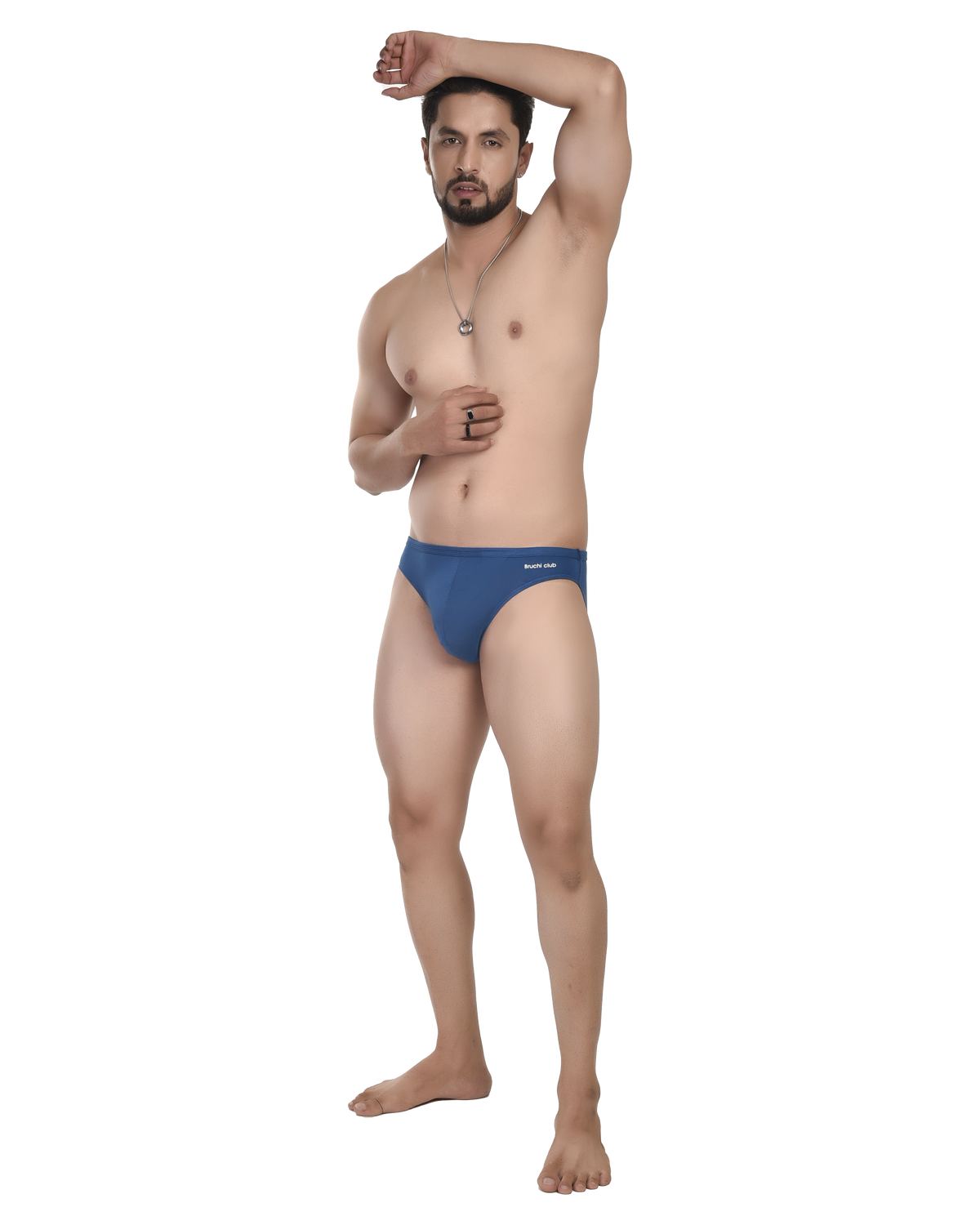 Man wearing a blue innerwear on a white background