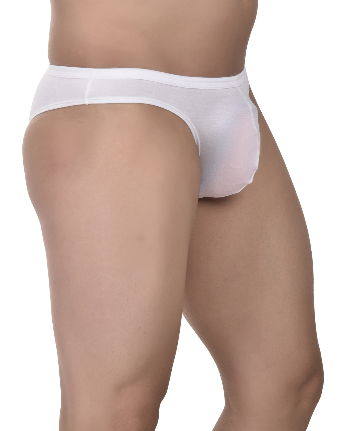 White underwear worn by a person on a white background