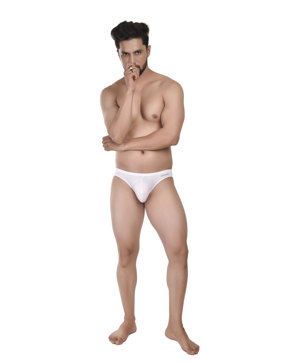 Man wearing a white thong on a white background