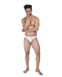 Man wearing a white thong on a white background