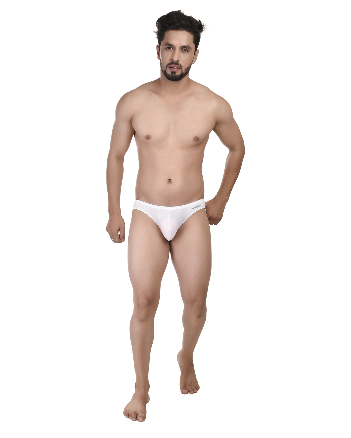 Man wearing a white thong on a white background