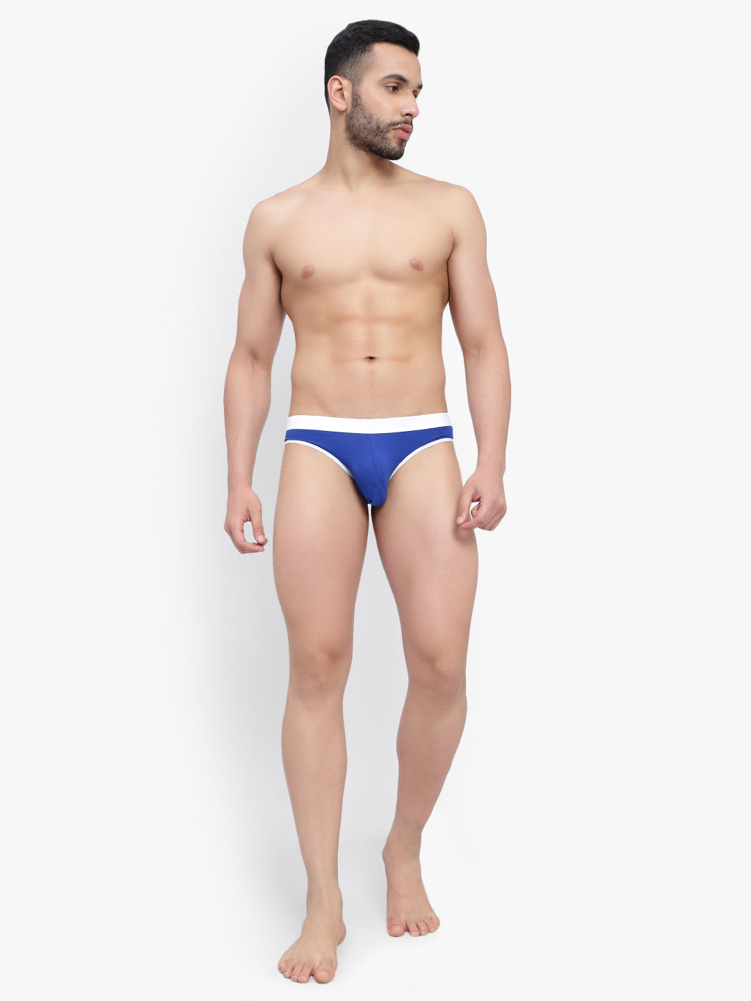 Man wearing blue underwear on a white background