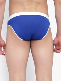 Blue underwear with white trim on a neutral background