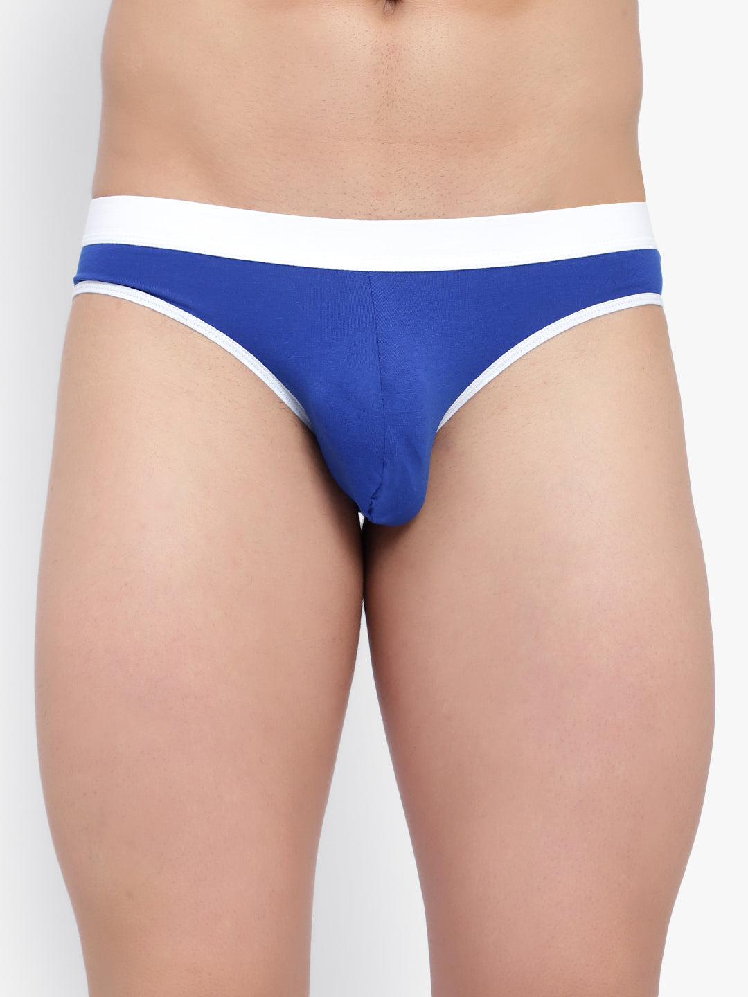 Blue men's underwear with white waistband on a plain background
