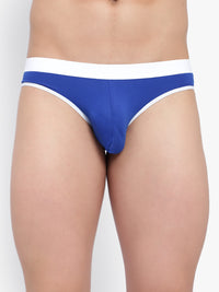 Blue men's underwear with white waistband on a plain background