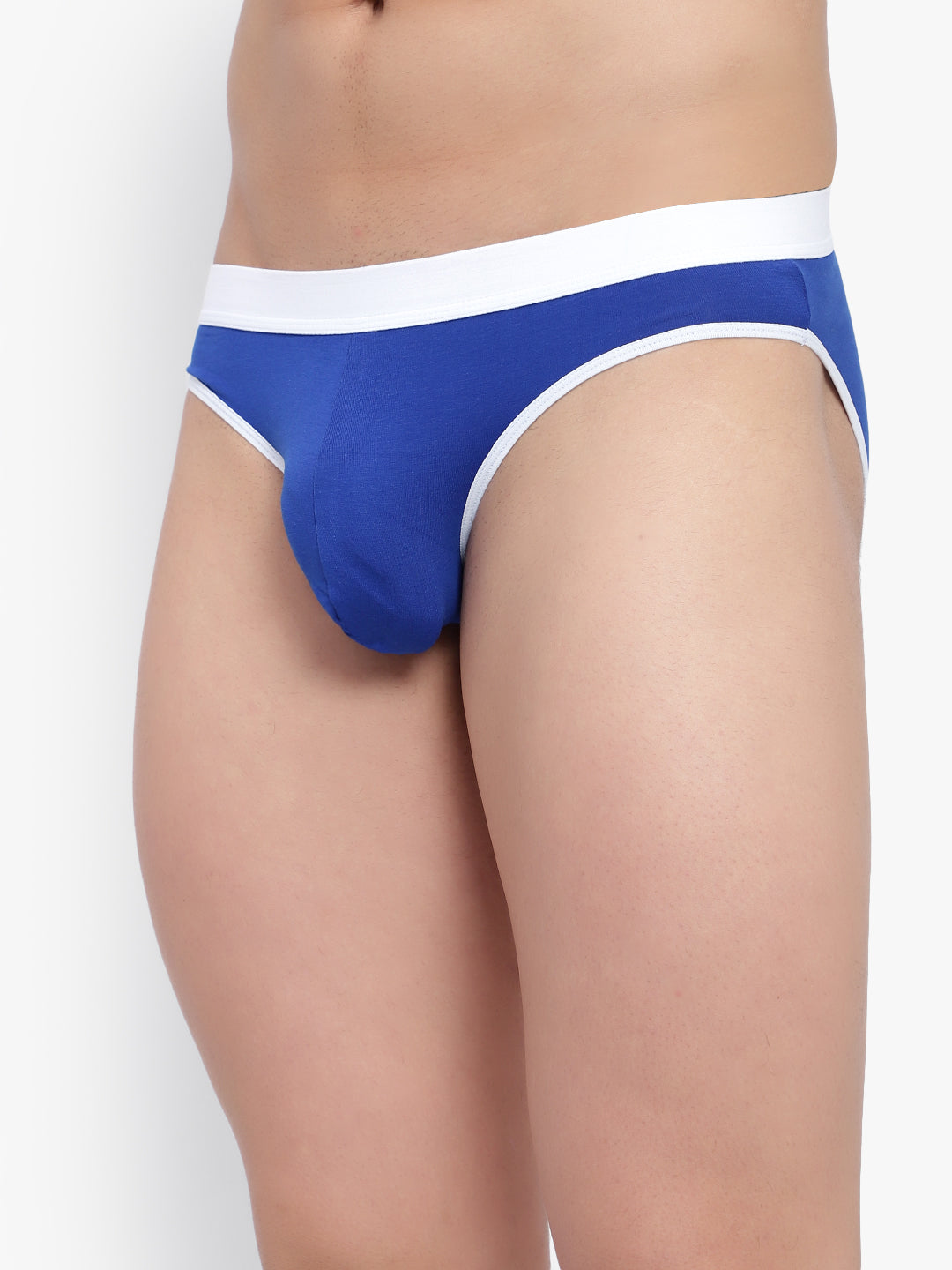 Blue underwear with white waistband on a plain background