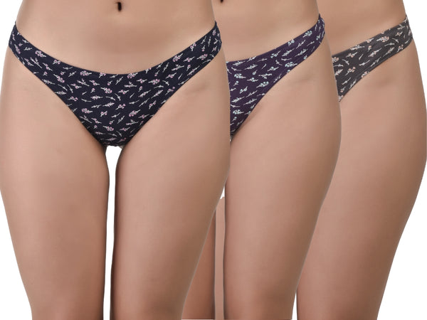 Three pairs of women's underwear with a floral pattern on a white background