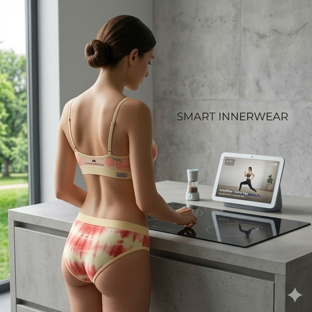 Woman in smart innerwear using a tablet with fitness app on a kitchen counter.