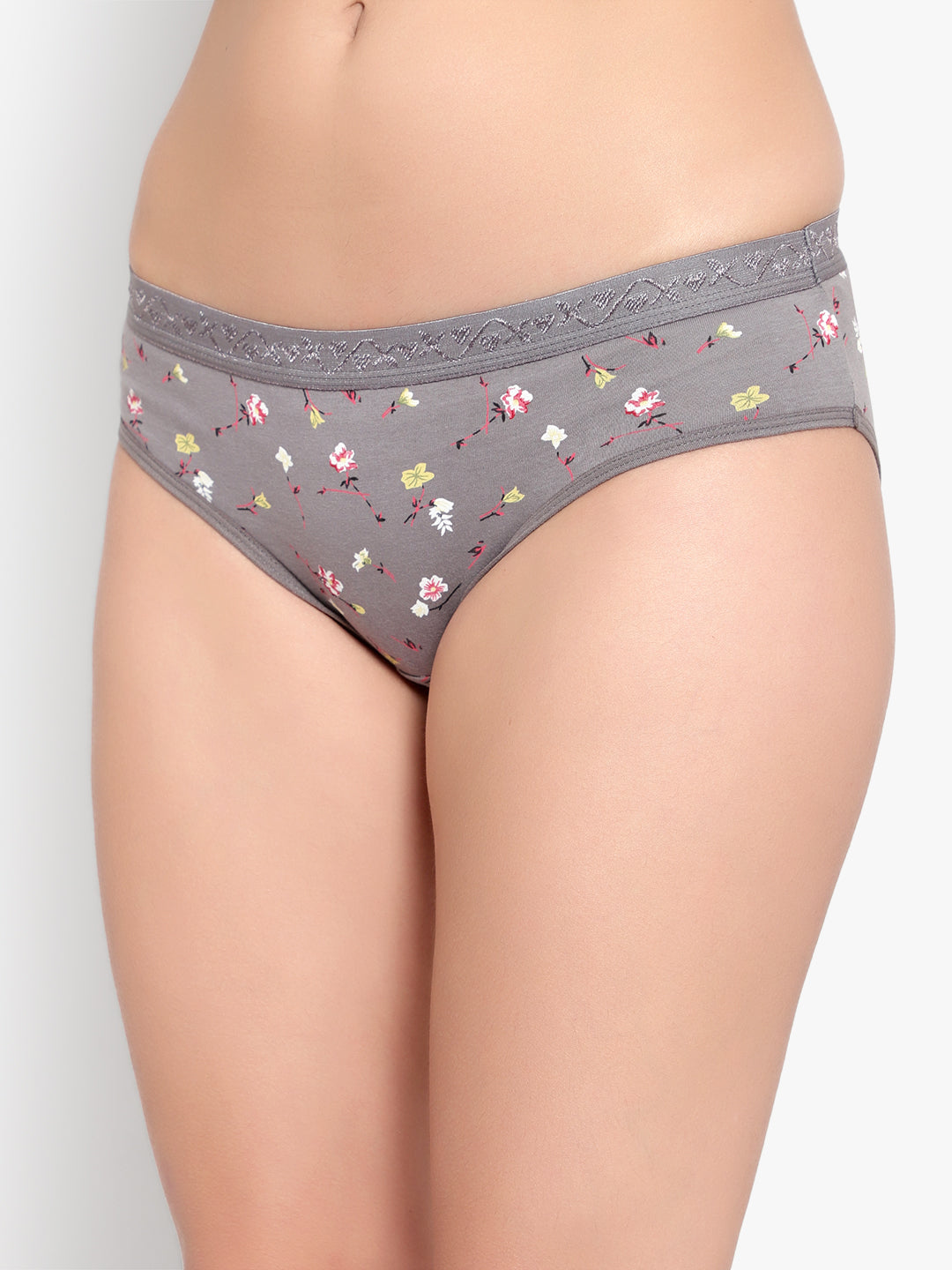 Bruchi Club Women Grey Floral Printed Cotton Low Waist Hipster Panty