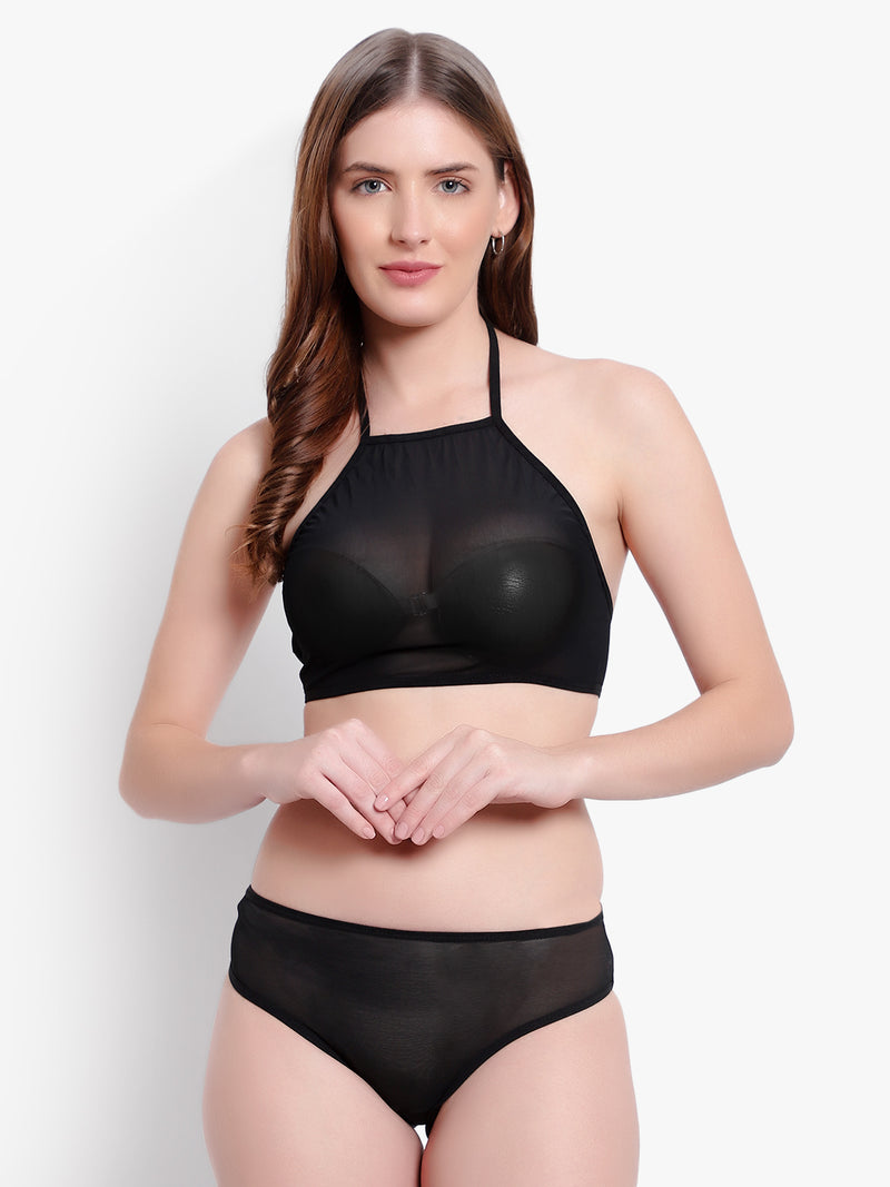 Bruchi club sheer see through transparent lingerie set-Black color