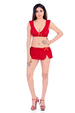 Bruchi Club Women's Sexy Lace Ruffle Neck Bra Short Side Slit Skirt Set - Red