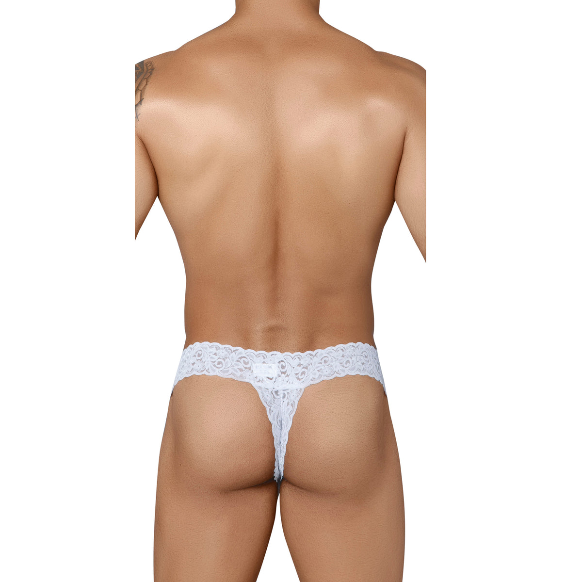 This image features a model wearing men's lace underwear, designed in a semi-seamless, elastic-free style for a comfortable fit. The underwear is crafted from a super stretch nylon fabric, predominantly in white, showcasing a luxurious see-through stretch lace pattern that emphasizes sophistication and allure.