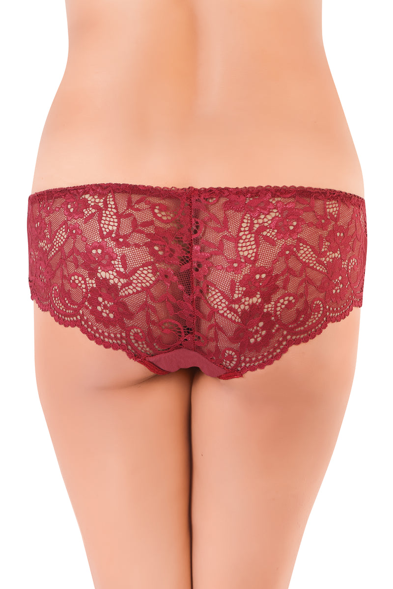 Women's Mid Waist Frilled Floral  Sheer Lace Hipster Wine Red Nylon Panty